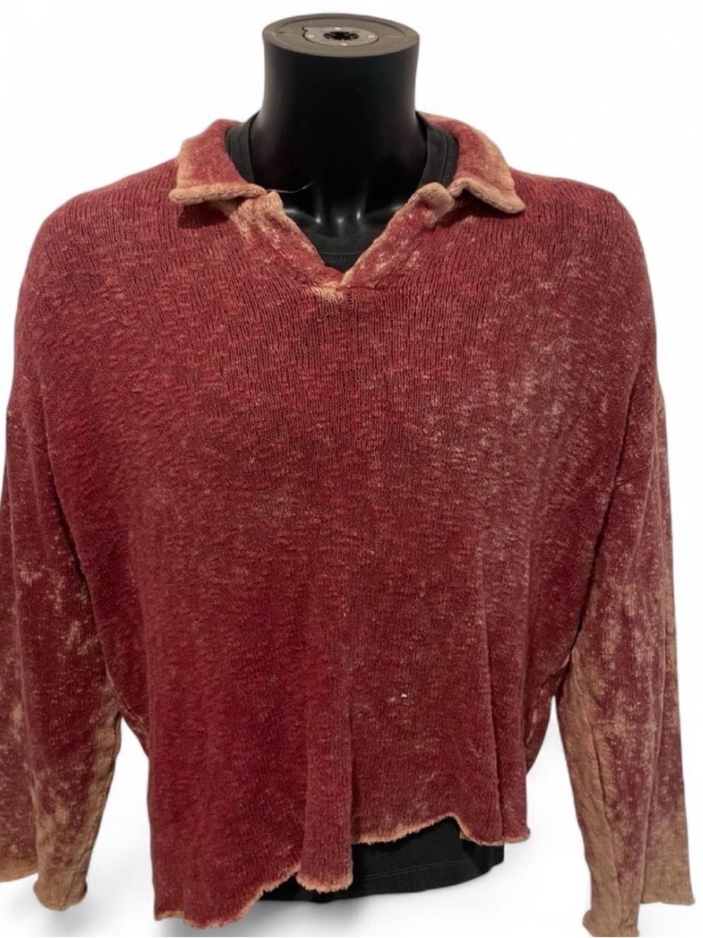 Zara Men's V-Neck Distressed Wine Red Sweater